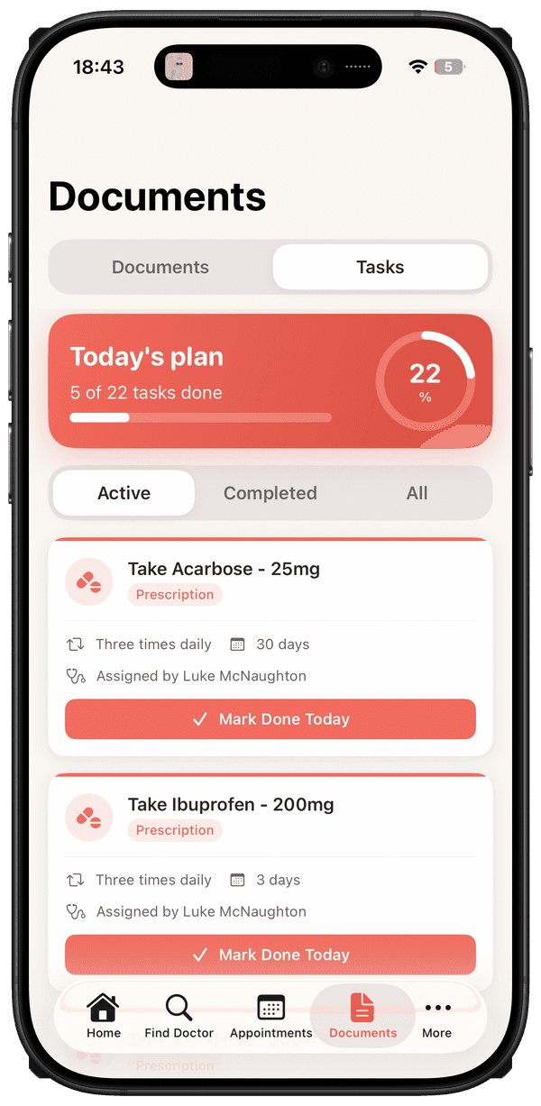 NearCare documents screen with today's daily plan from the doctor